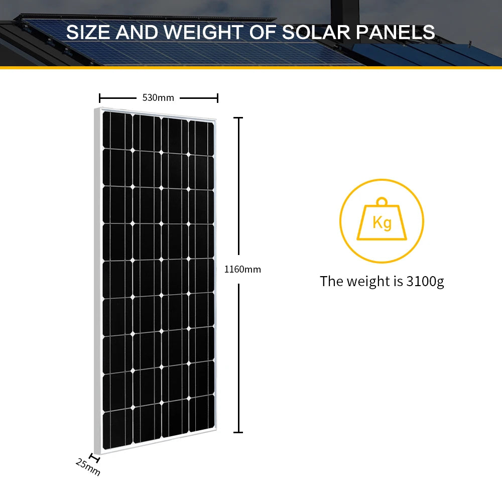 300W Solar Panel, Large solar panel dimensions: 530mm x 1160mm, weighing 3.1kg, 25mm thick.