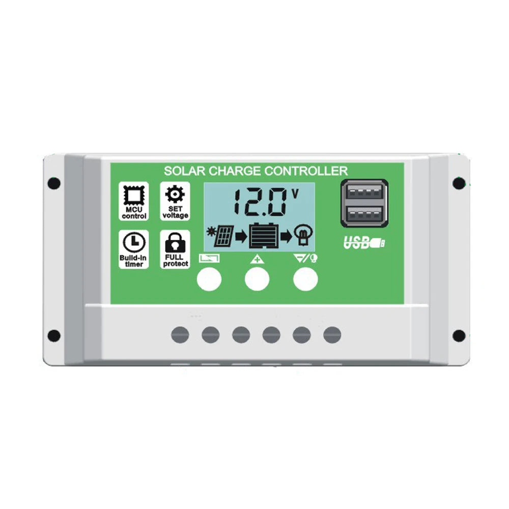 30A 20A 10A 12v 24v Solar charge controller, Advanced solar charge controller with microcontroller, voltage control, and timer protection for safe charging via USB port.