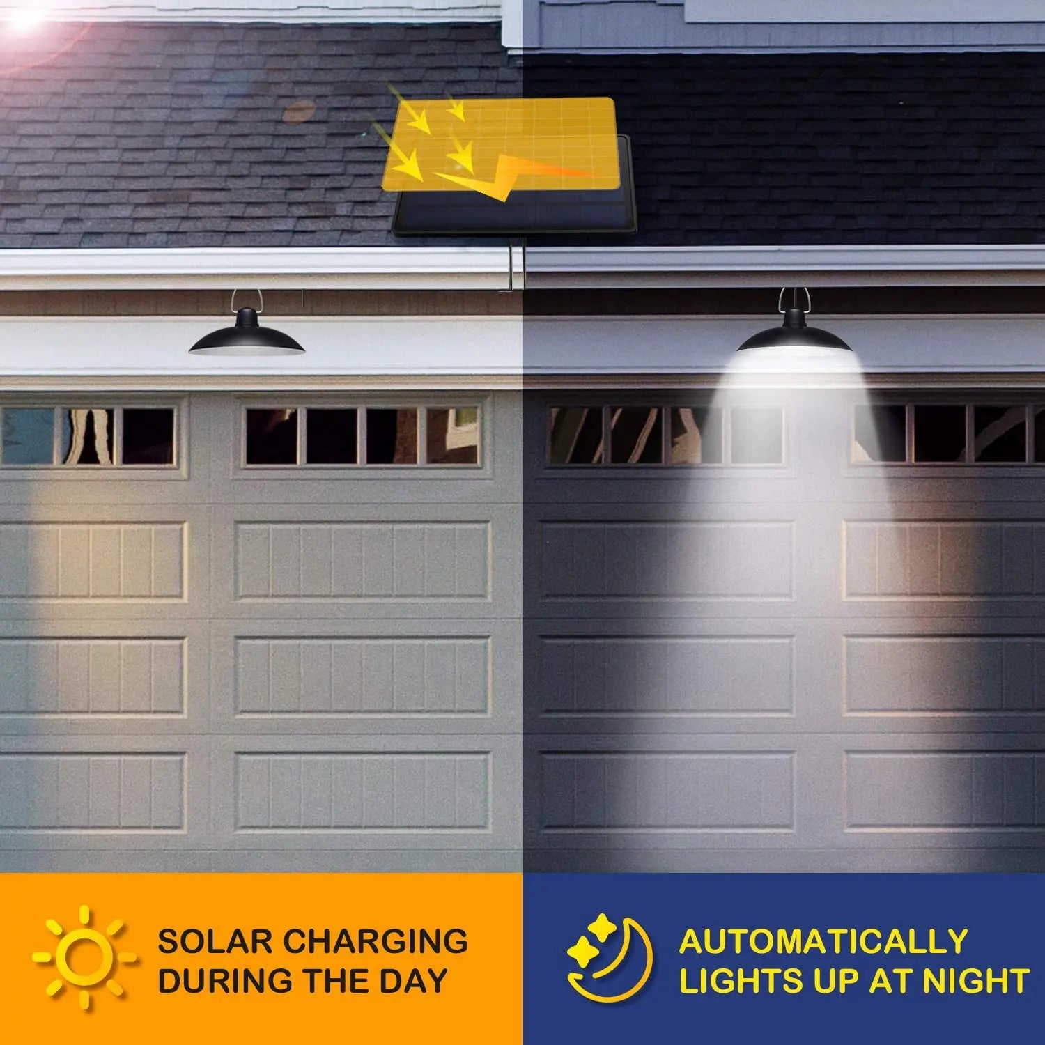 IP65 Waterproof Double Head Solar Pendant Light, Automatically charges during the day, lights up at night, providing energy-efficient outdoor lighting.