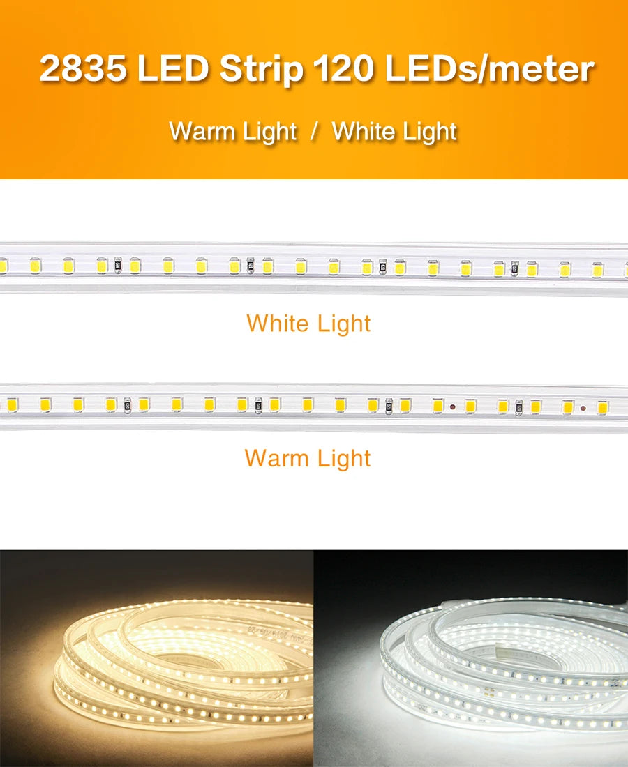 LED Strip Light, Warm white LED strip with 120 lights/meter ideal for kitchens, outdoors, and gardens.