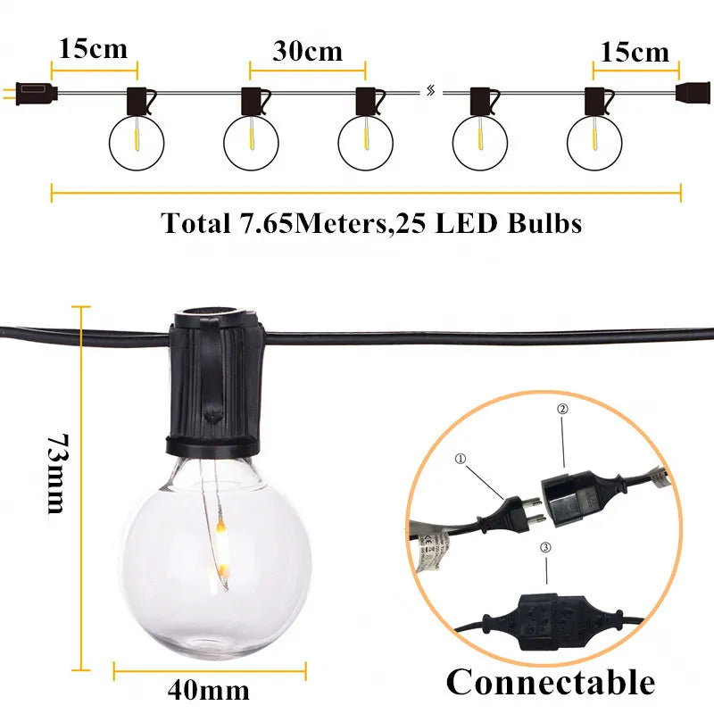 25Ft. LED G40  Bulb String Light, Flexible LED light strip with 25 bulbs and 3 removable segments for customizable display.