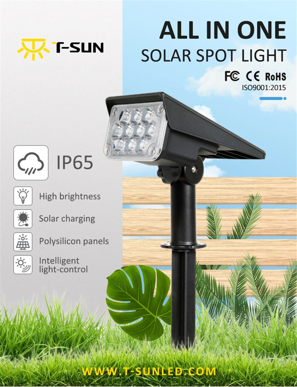 T-SUN 1pc/2pc/4pcs Adjustable Solar Spotlight, RoHS-certified, bright, and waterproof solar spot light with intelligent control.