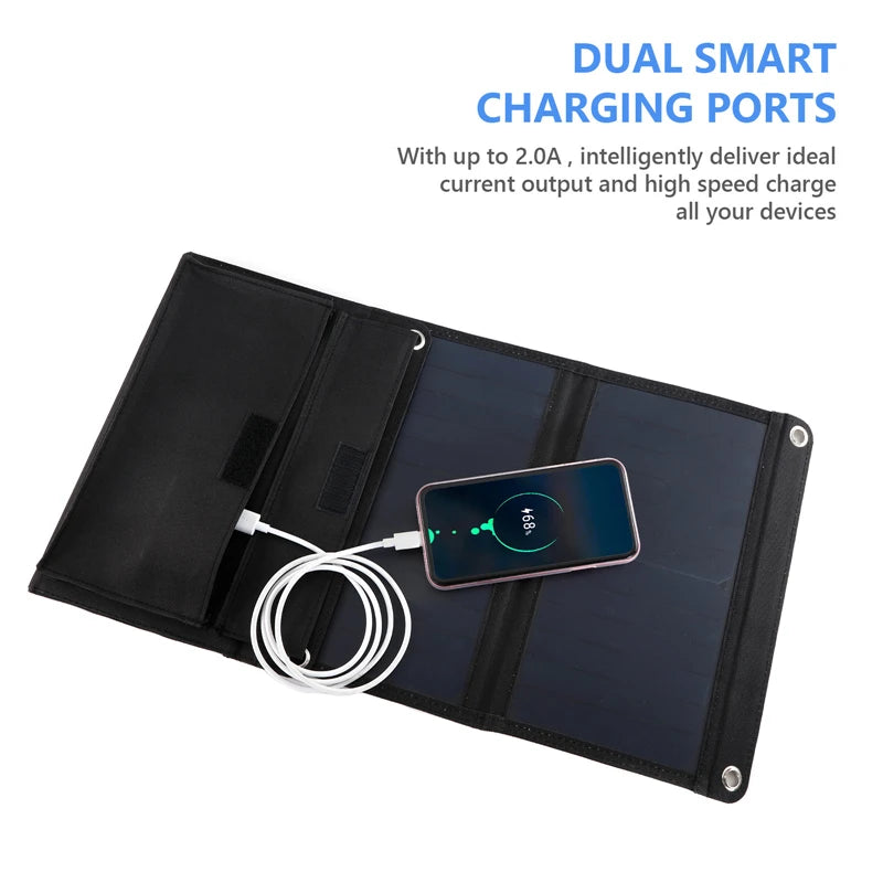 100W QC3.0 Fast Charge Solar Panel, Dual smart charging ports provide up to 2.0A for fast and efficient charging of two devices simultaneously.