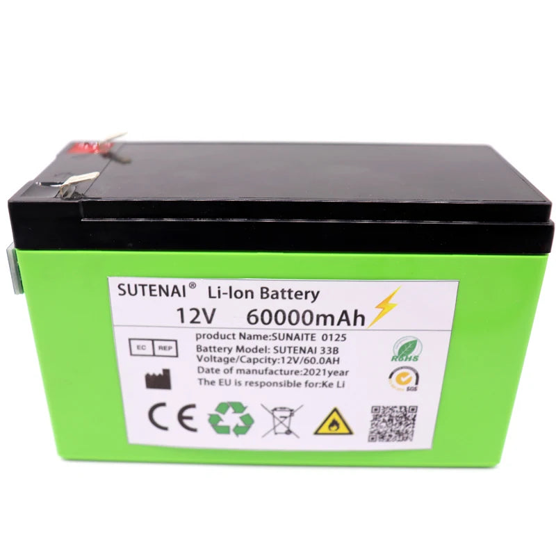 New 12v 60Ah 18650 lithium battery, Sunaite's 12V 60Ah lithium-ion battery pack for solar energy and EVs with charger, manufactured in 2021.