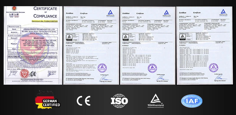 Dokio 100W Foldable Solar Panel, Certificate of Compliance: Meets German ISO and UL standards, ensuring quality and safety.