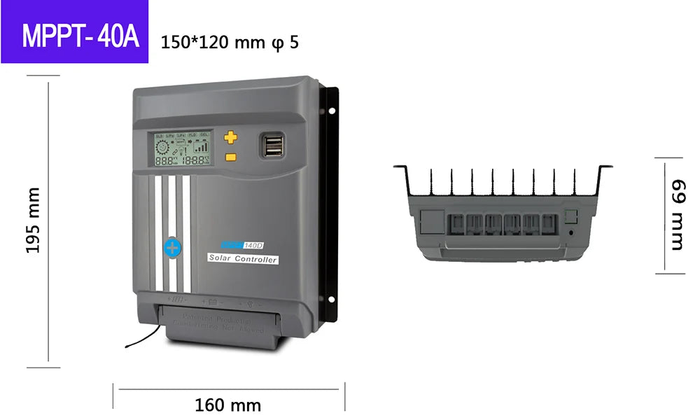 MPPT Solar Controller: 4-stage, compact design, 48.83W output for lithium battery use.