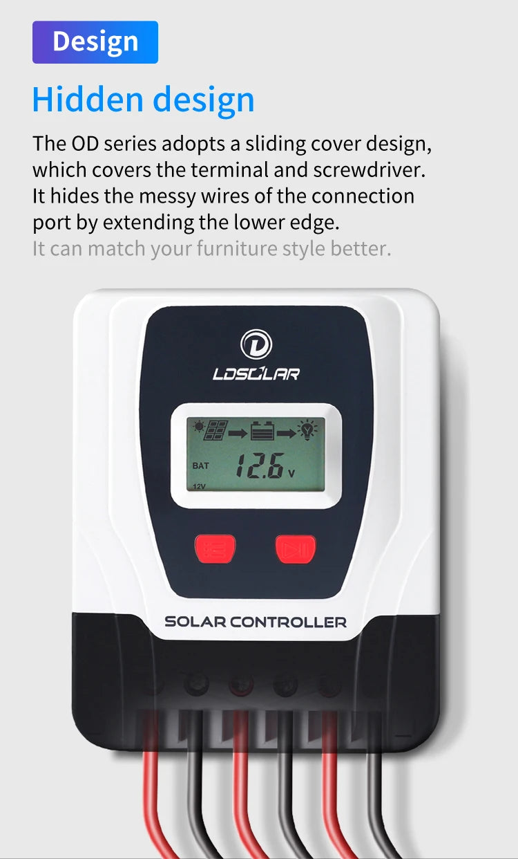 LDSOLAR 12V/24Vdc 60A PWM Solar Charge Controller, OD series features sleek design with sliding cover to conceal wires, ensuring compatibility with any furniture style.
