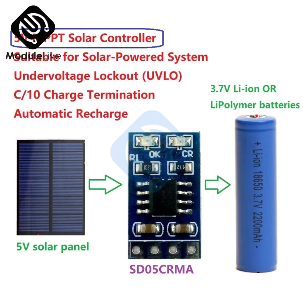 MPPT Solar Controller, Solar controller module with UVLO protection for Li-ion/Polymers and 3.7-4.2V battery, 6-48V solar panel input.
