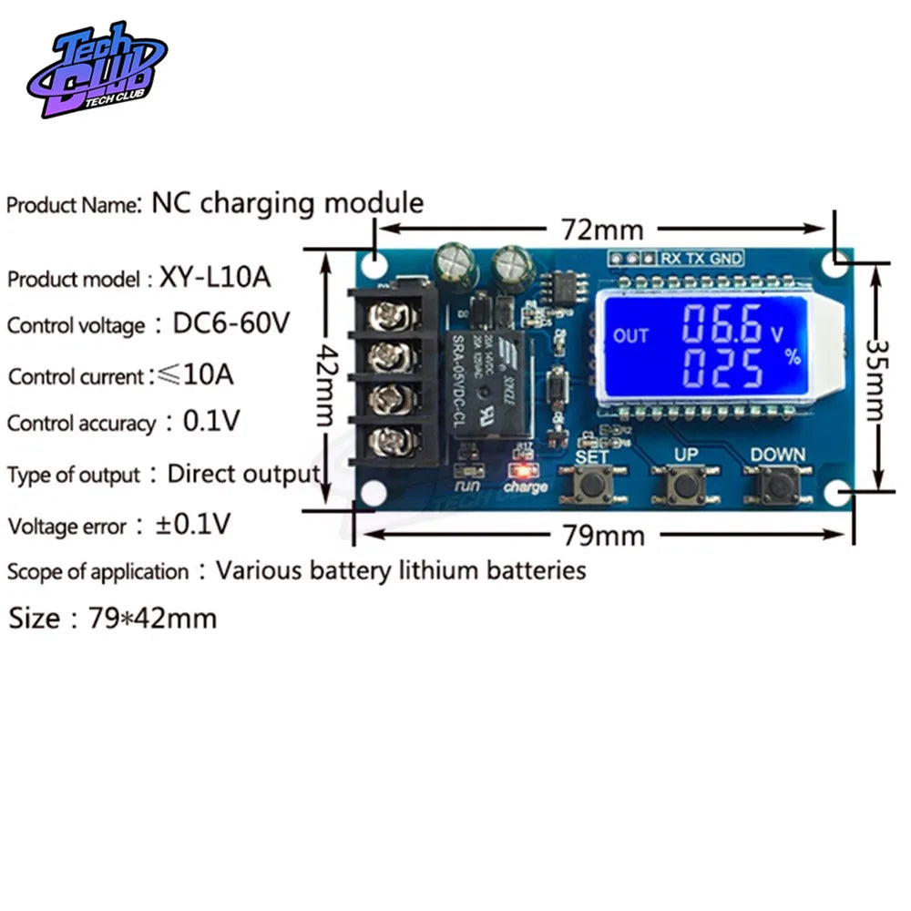 Lead-acid and lithium battery control module for LCD displays with automatic charging and protection features.