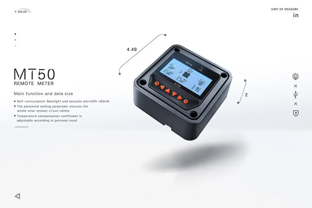 Measure solar input with this remote meter, featuring self-consumption, backlight, and alarm, consuming less than 65mA.