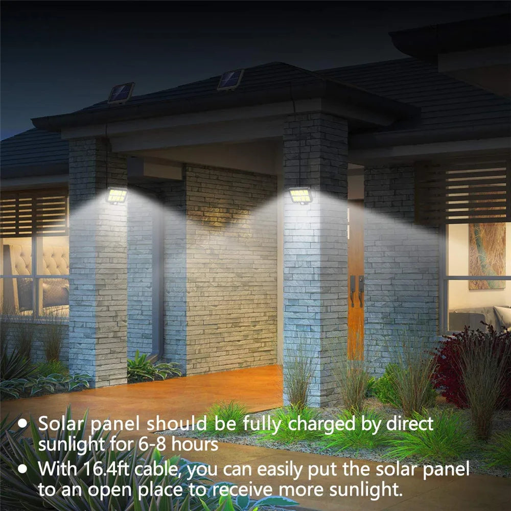 COB LED Solar Powered Light, Charges solar panel in direct sunlight, then places it in open area with included cable for maximum energy absorption.