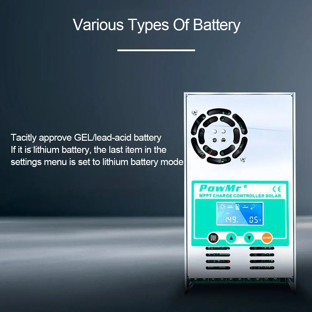 PowMr MPPT Solar Charge Controller, Battery compatible with gel, lead-acid, and lithium types; adjust settings for optimal performance.