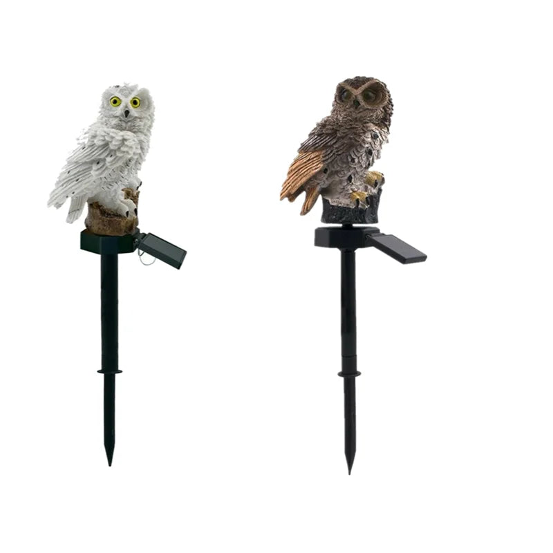 Solar Led Light, White and brown owl statue standing 15 cm tall.