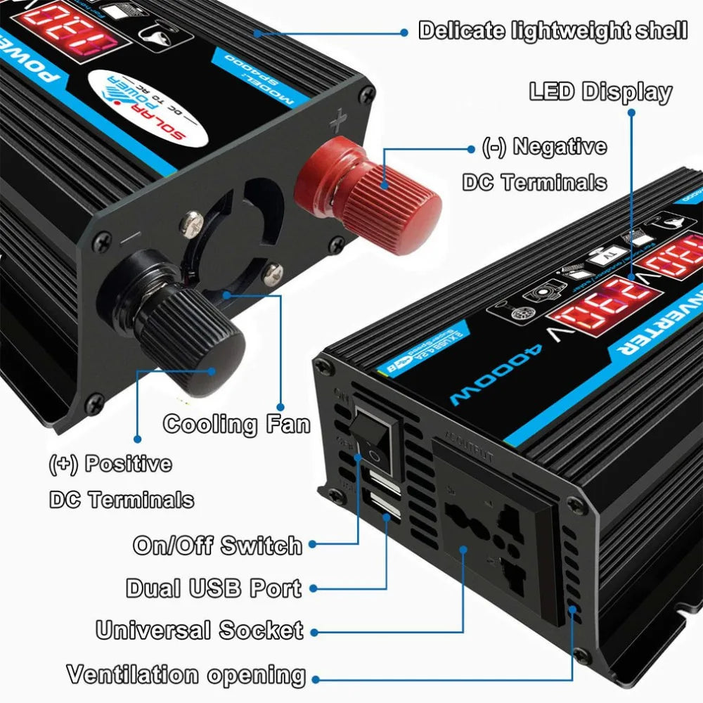 4000W 12V 220V/110V LED Ac Car Power Inverter, Power Inverter: Lightweight, LED display, dual USB ports, DC-to-AC converter with modified sine wave.