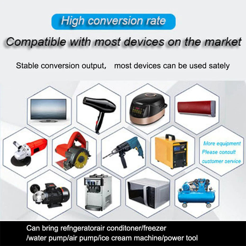 Inverter, Stable output suitable for various devices like refrigerators, ACs, freezers, pumps, and power tools.