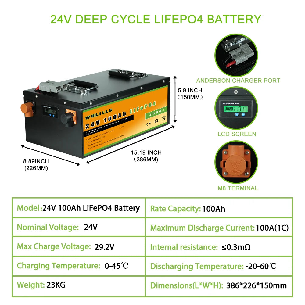 New Grade A 24V 100Ah 200Ah LiFePo4 Battery, Lithium iron phosphate battery pack with built-in BMS for solar boat applications.