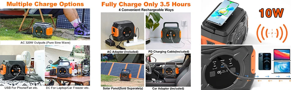 Portable solar power station with multiple charge options: recharge in 3.5 hours.