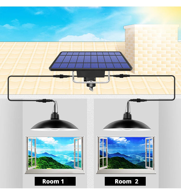 IP65 Waterproof Double Head Solar Pendant Light, Solar-powered lighting kit with batteries and screw-mounted rack