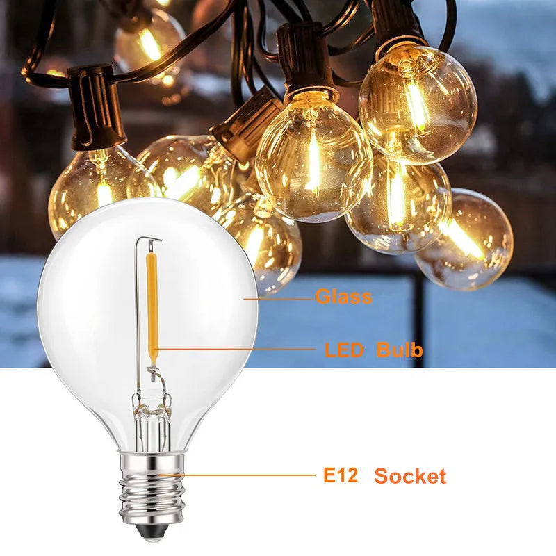 LED G40 Solar Garland LED Filament String Light, Solar powered LED garland with glass body, waterproof and dimmable features.