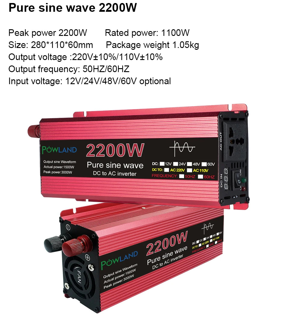 Pure sine wave inverter converts DC power to AC for solar, car or home use.