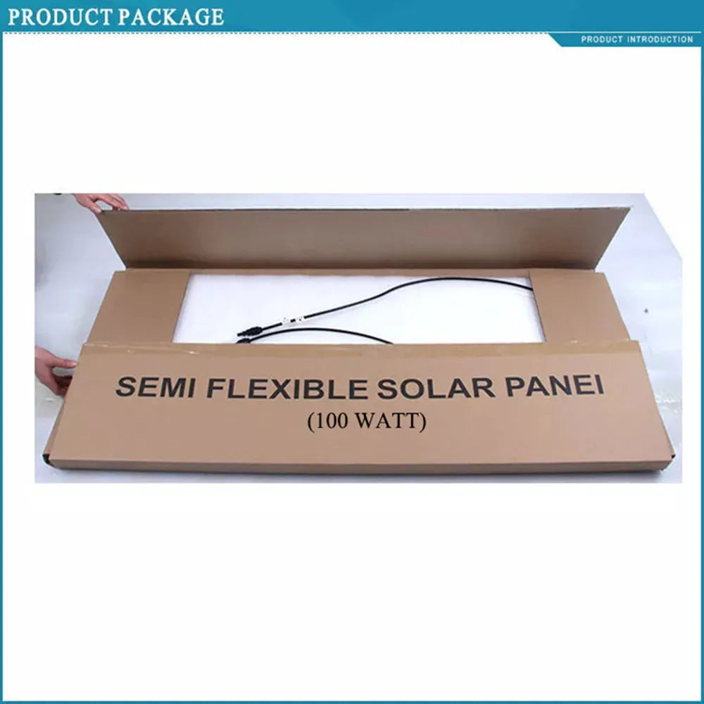 Solar panel package with 100W monocrystalline solar cell for efficient power generation and storage.