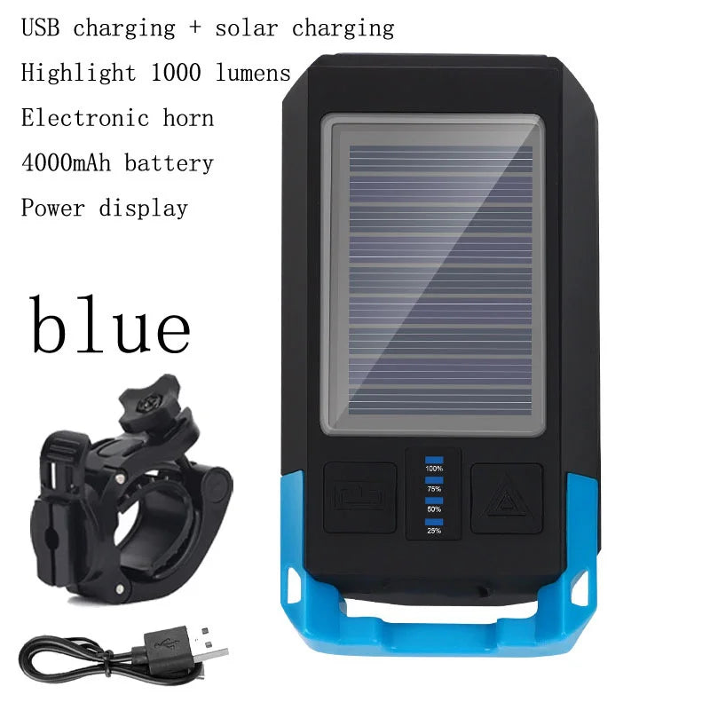 3 IN 1 LED Bike Light, Bright 1000-lumen bike light with rechargeable battery, USB/solar power, horn, and power display.