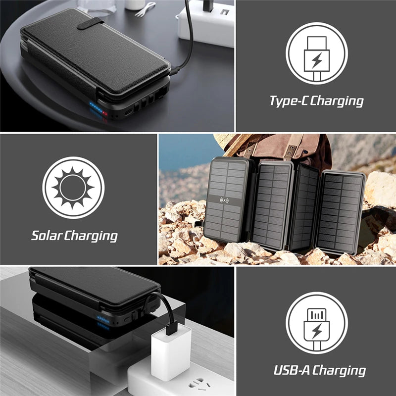 Fast and convenient power up with multiple charging options: Type-C, solar, and USB-A.