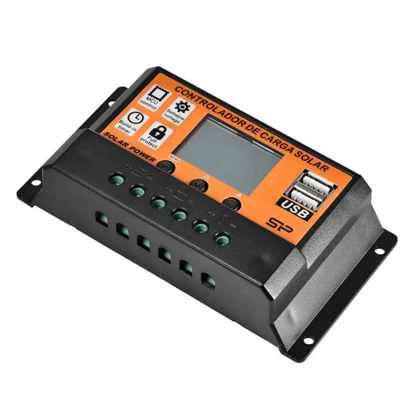 Solar charge controller with LCD display, adjustable range (10-100A), suitable for 12V/24V batteries and dual USB charging ports.