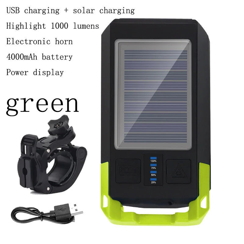 3 IN 1 LED Bike Light, High-powered USB rechargeable flashlight with solar charging, horn, and power display.