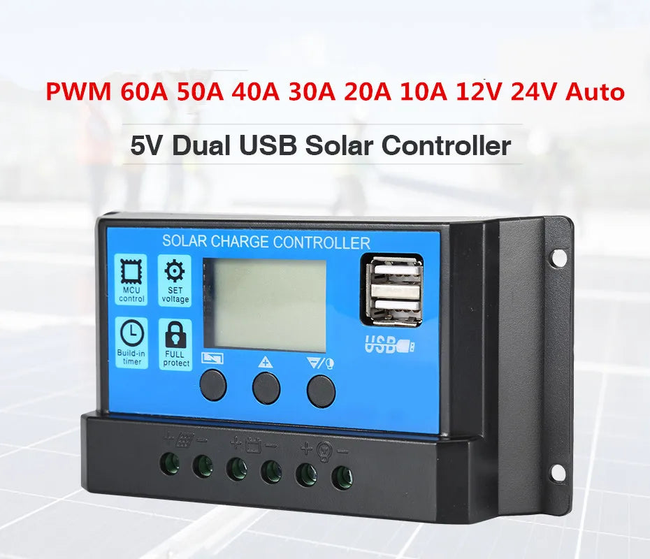 Solar PV Charge Controller, Solar charge controller with PWM tech, suitable for 10A/20A/30A apps, with USB ports and safety features.