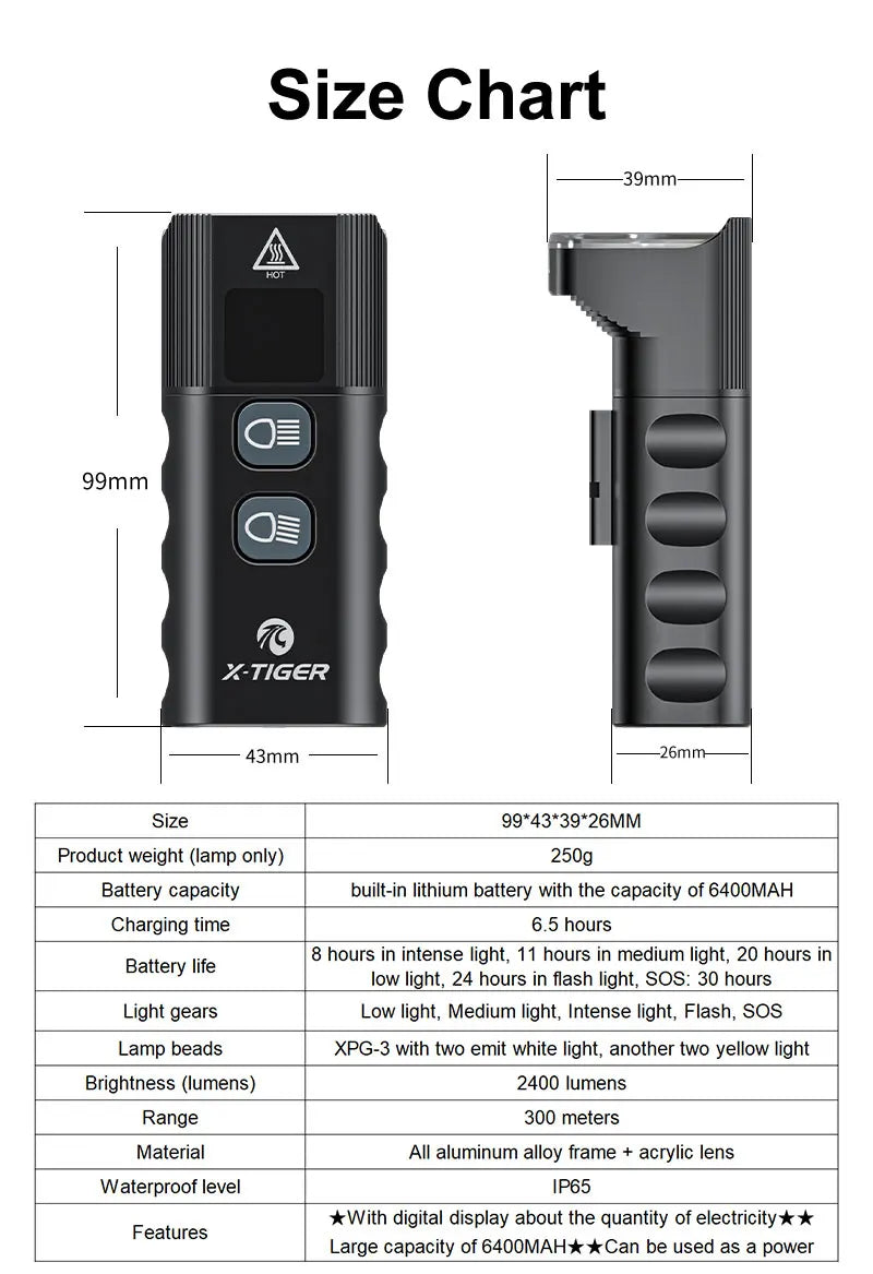 X-TIGER QD-1301 Front Light, Rechargeable LED flashlights with 2400 lumens and 6400mAh power for outdoor cycling, perfect for mountain biking.