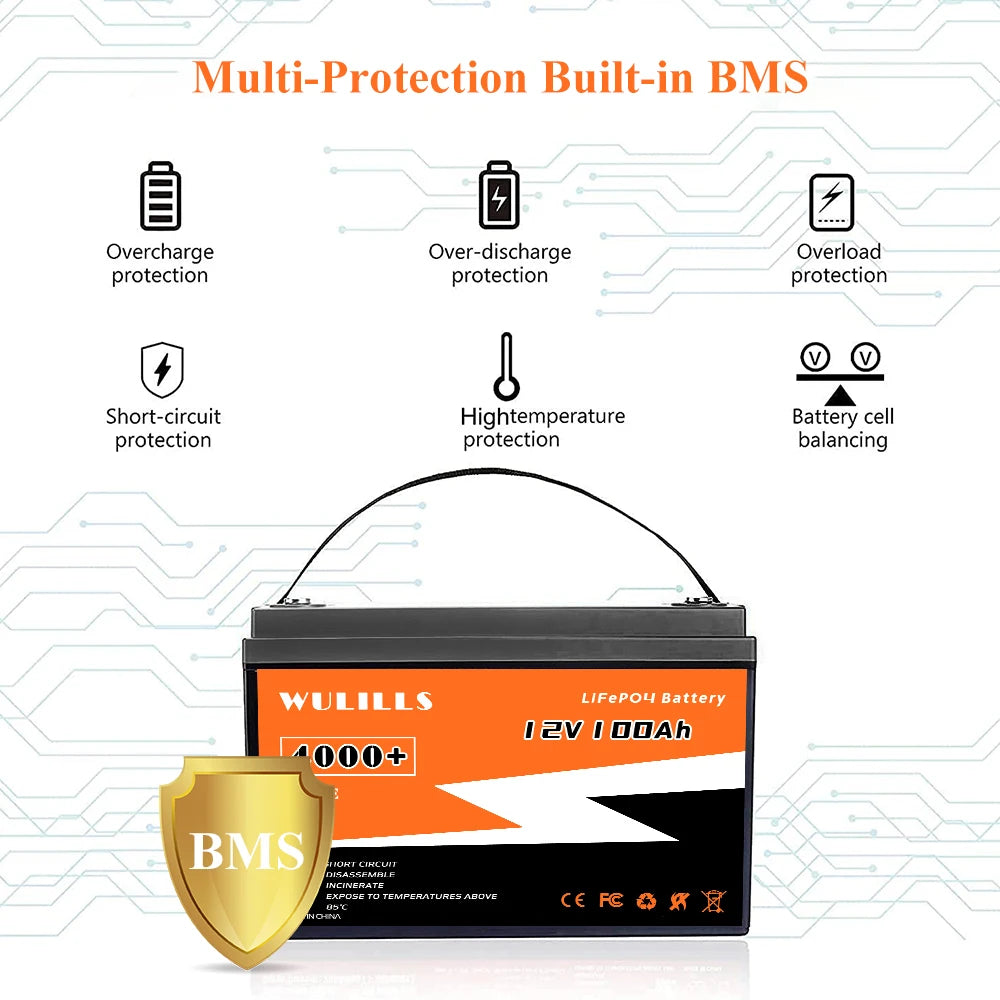 12V 100Ah Lithium Iron Phosphate Battery, LiFePO4 battery with built-in protection against overcharge, discharge, overload, short circuits, high temperatures, and cell balancing issues.