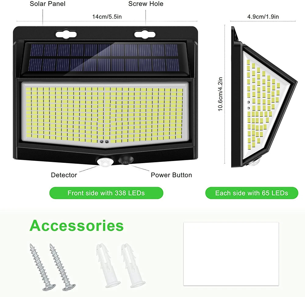 468 LED Solar Light, Solar-powered outdoor security light with motion detector and LED lights, compact design.
