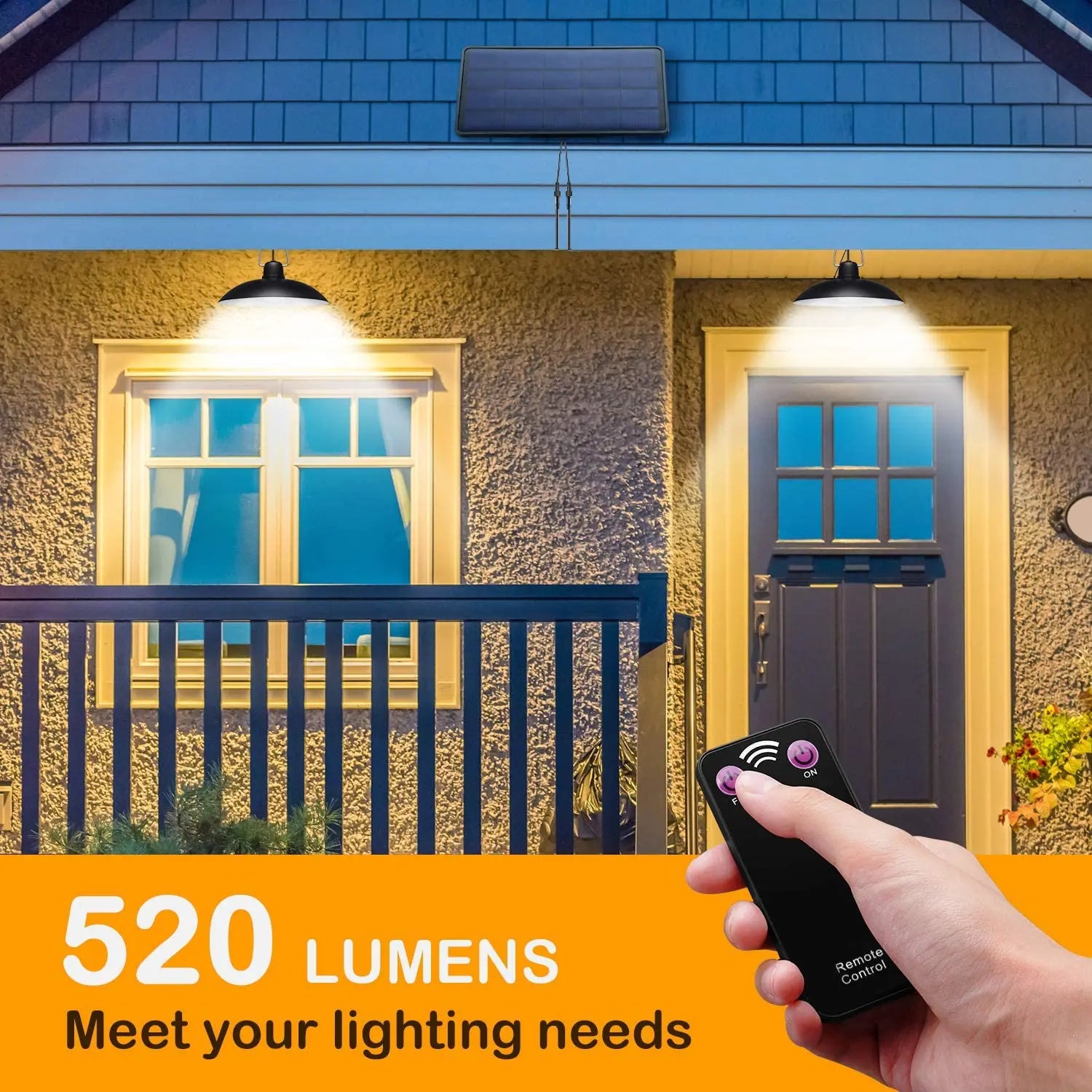 IP65 Waterproof Double Head Solar Pendant Light, Bright 520Lumens with remote control for effortless outdoor or indoor illumination