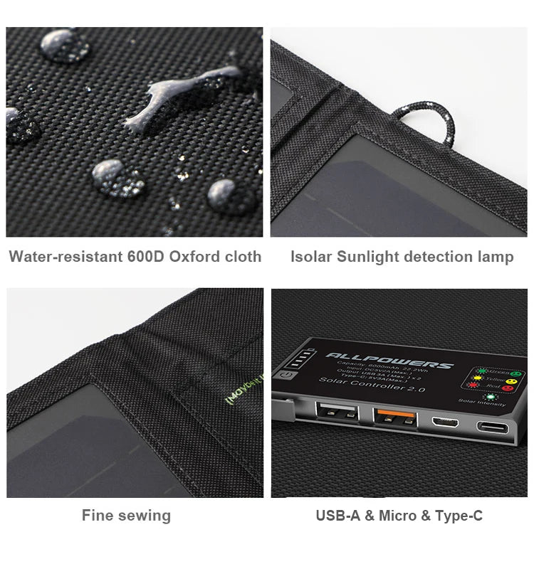 Water-resistant solar charger with 21W power output and multiple USB ports for outdoor use.