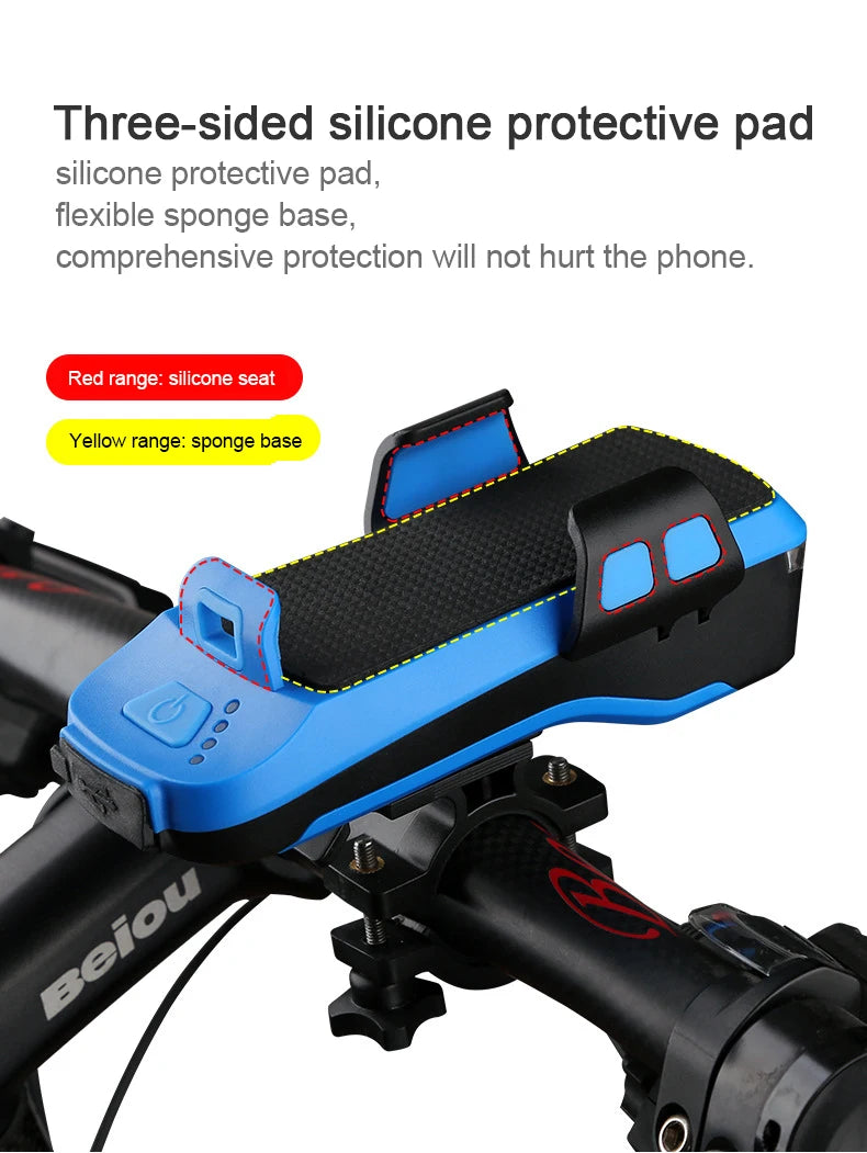 5 IN 1 Led Bicycle Light, Protective phone case with soft, flexible sponge pad and three-sided silicone base.
