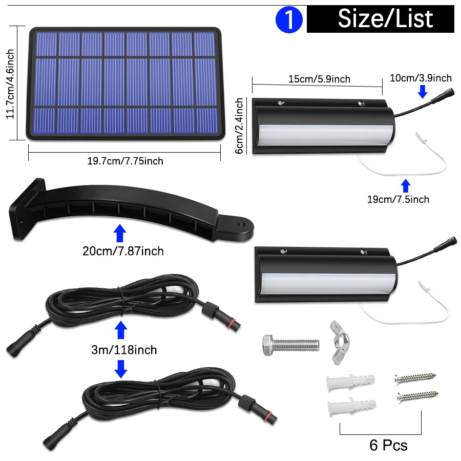 Upgraded Solar Pendant Light, 8-piece puzzle set with 2 sizes and lengths totaling 3m, max diameter 20cm.