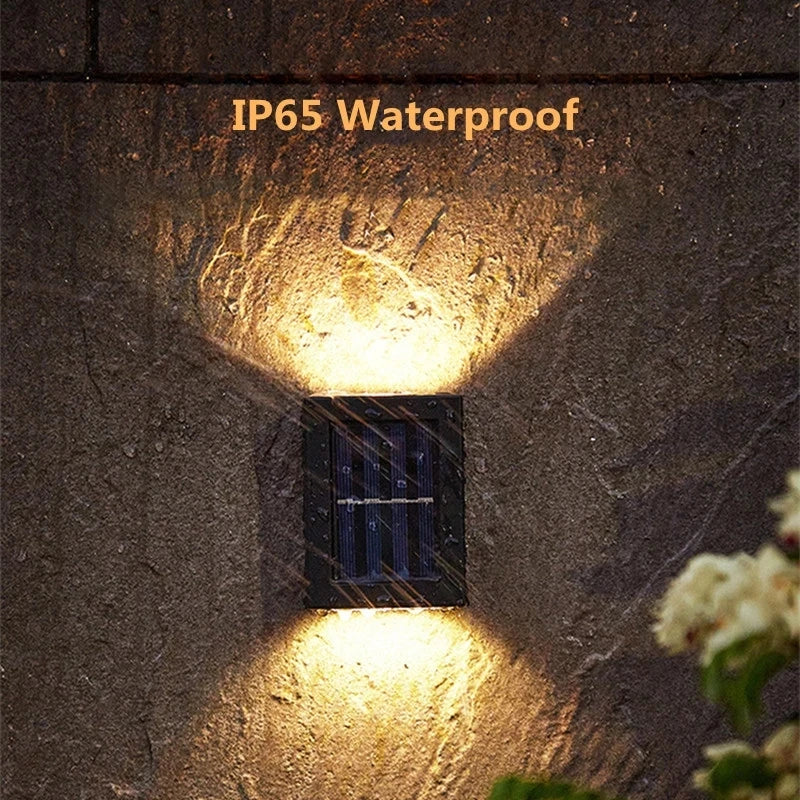 Solar-powered outdoor wall lamp with waterproof design and adjustable lighting.