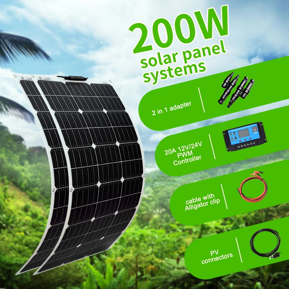 Flexible Solar Panel, Solar panel kit includes 2 clips, 1 x 18V 100W monocrystalline panel and adapter for charging 12V/24V batteries.