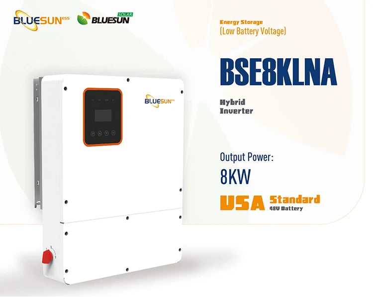 Bluesun 8kw Hybrid Solar Inverter, Bluesun's 8kW hybrid solar inverter with MPPT tech for grid-tied use, handles low battery voltages.
