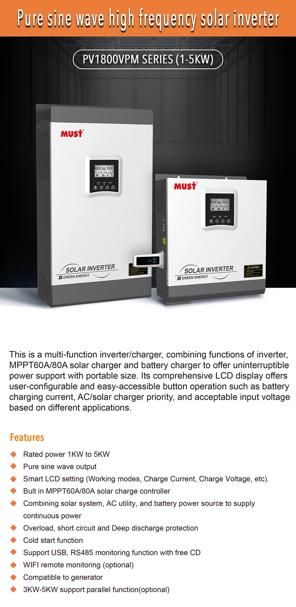 Hybrid off-grid solar inverter with smart features and customizable display.