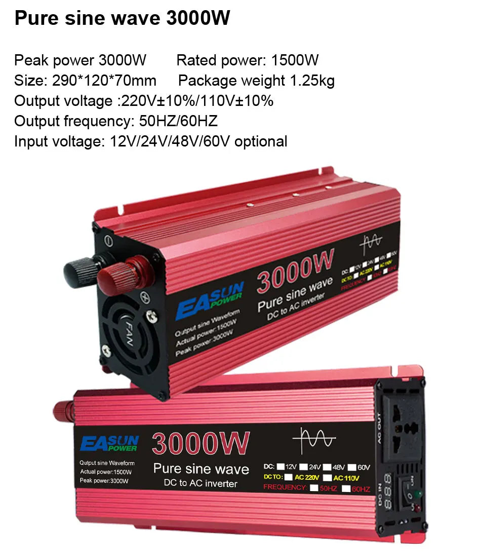 1000W 1600W 2200W 3000W Pure Sine Wave Inverter, Inverter Specifications: Pure sine wave, 3000W peak power, 1500W rated power, and various input/output options.