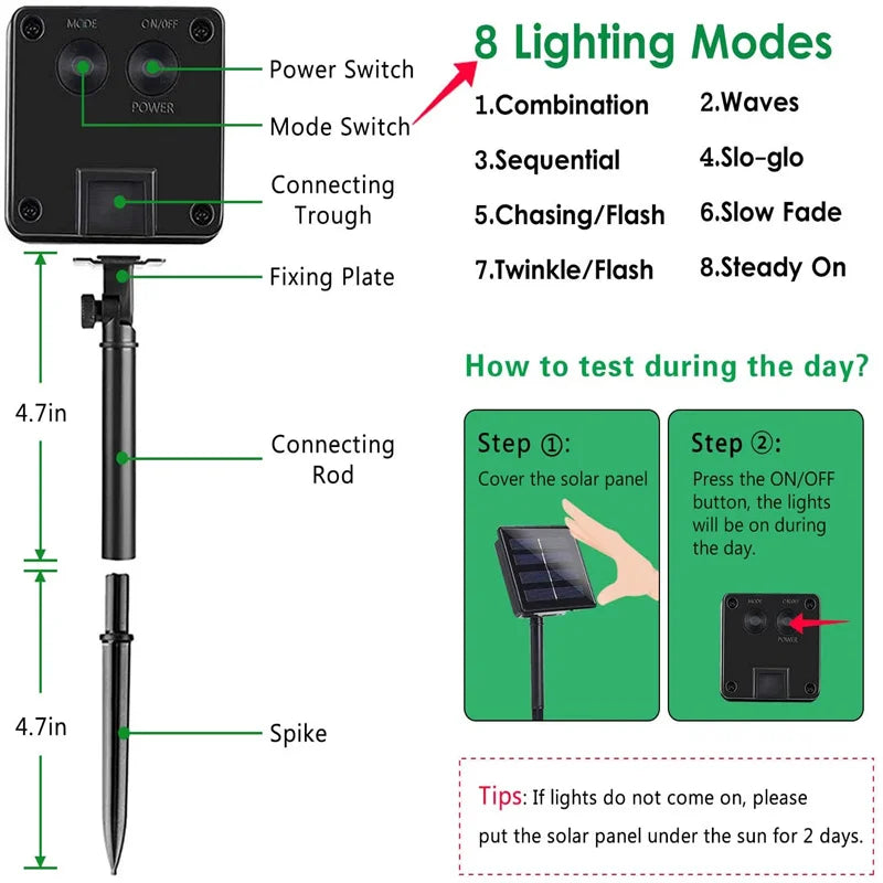 Activate Solar String Lights with 8 modes and test during the day; may require direct sunlight to power.