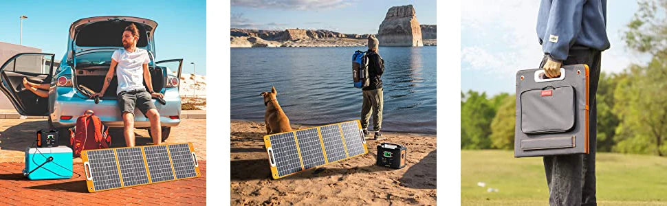 FF Flashfish 18V 100W Foldable Solar Panel, Portable solar charger with 100W output, USB-A/C outputs, and compact design.