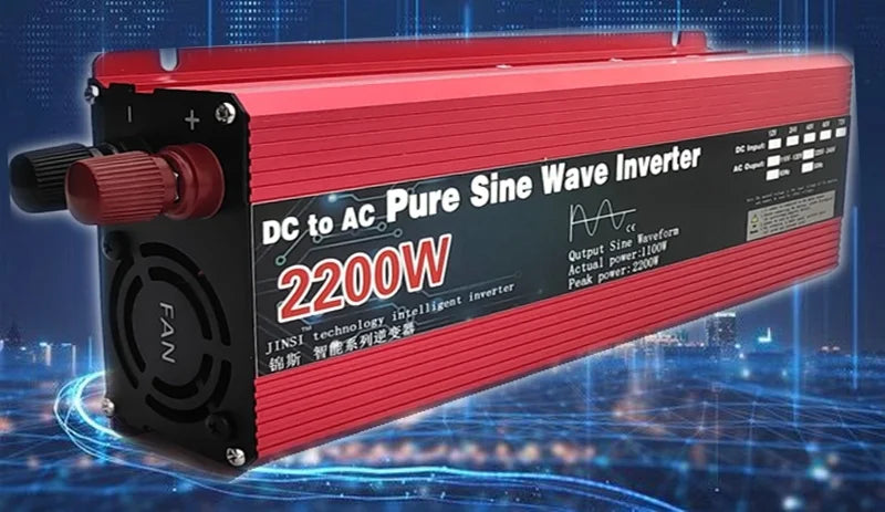 Pure Sine Wave Inverter converts DC power to AC power at 110V/220V, up to 3000W.