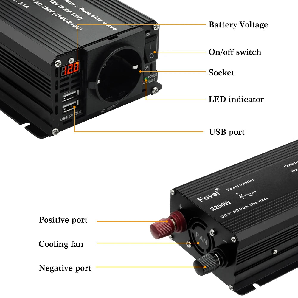 DC 12V to AC 220V Pure Sine Wave Inverter, Pure sine wave inverter converts DC 12V to AC 220V for universal use.