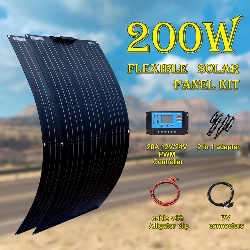 100w 200w 300w 400w Flexible Solar Panel, Flexible solar panel kit with 20A controller, suitable for 12V/24V batteries.