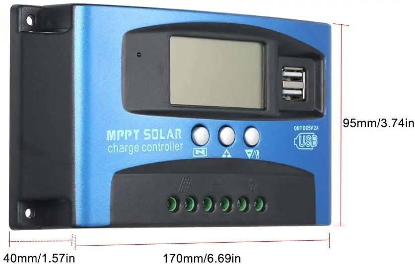 DC Solar Charge Controller: 5V, 3.74in, max 50V input, MPPT technology for efficient charging.