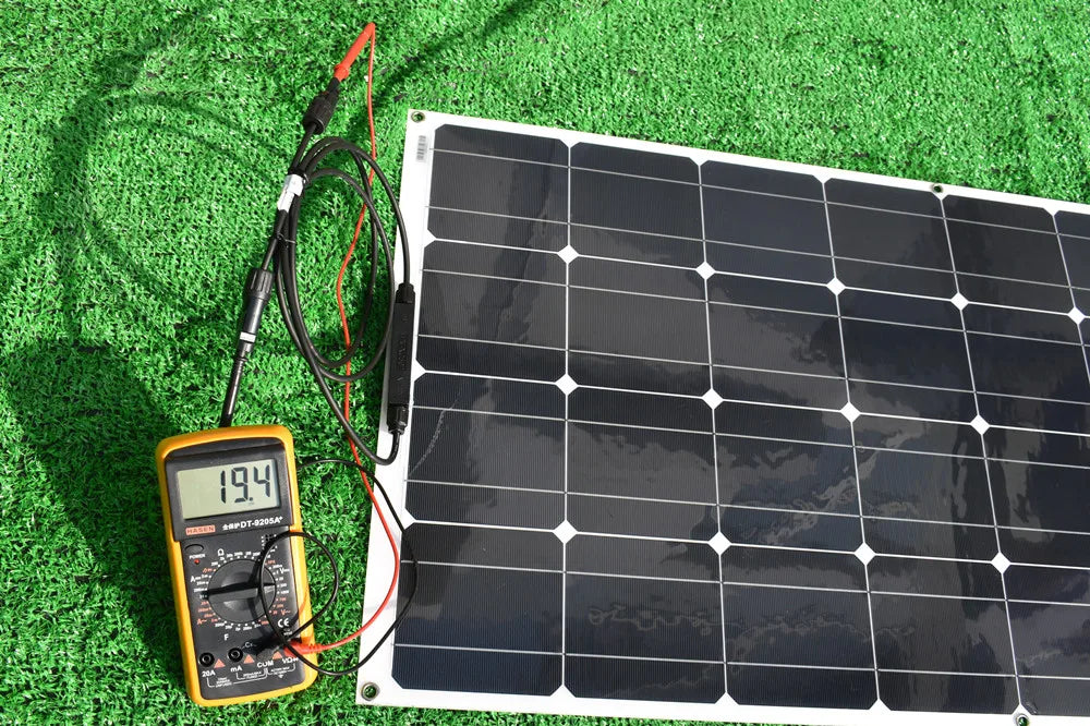 Flexible solar panel with monocrystalline cells, suitable for battery charging and home kits, available in 12V options.