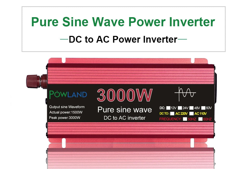 Pure sine wave inverter converts DC power to AC power, 1500W max output.